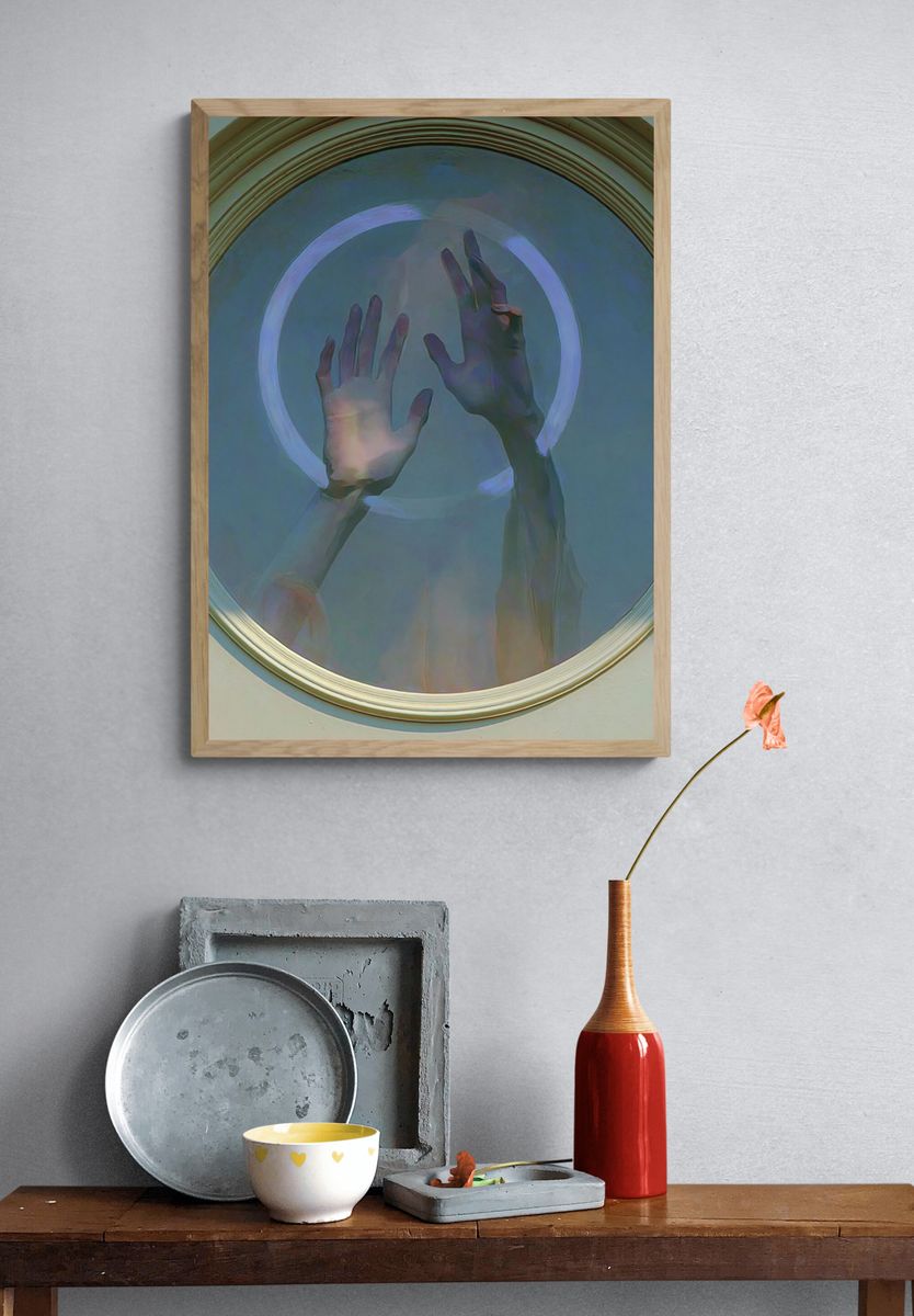 Hands in Neon Circle Photography Poster. — room view 3