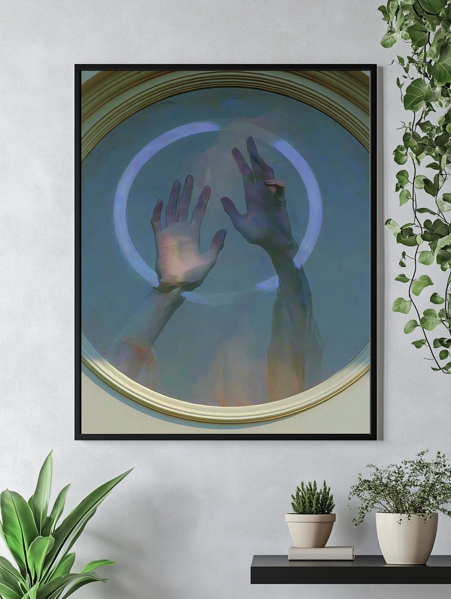 Hands in Neon Circle Photography Poster. — room view 4