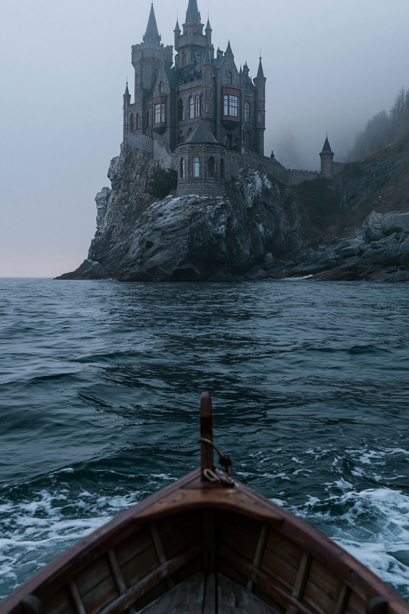 Foggy Castle Seascape Photography Poster. poster detail