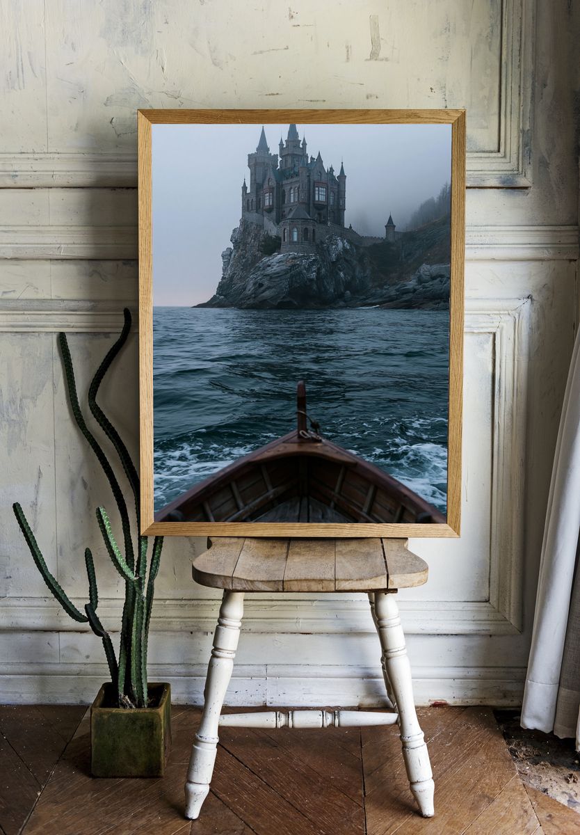 Foggy Castle Seascape Photography Poster. room preview