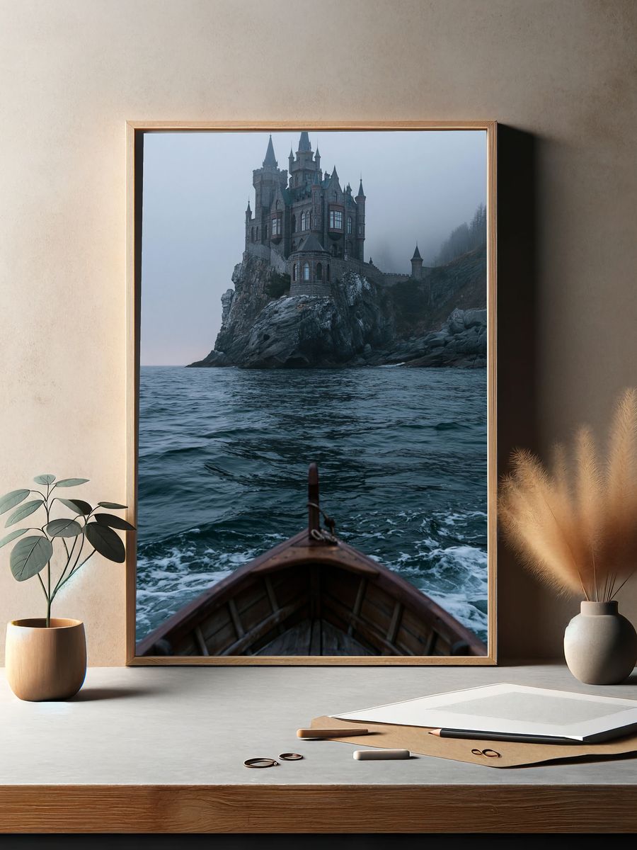 Foggy Castle Seascape Photography Poster. — room view 2