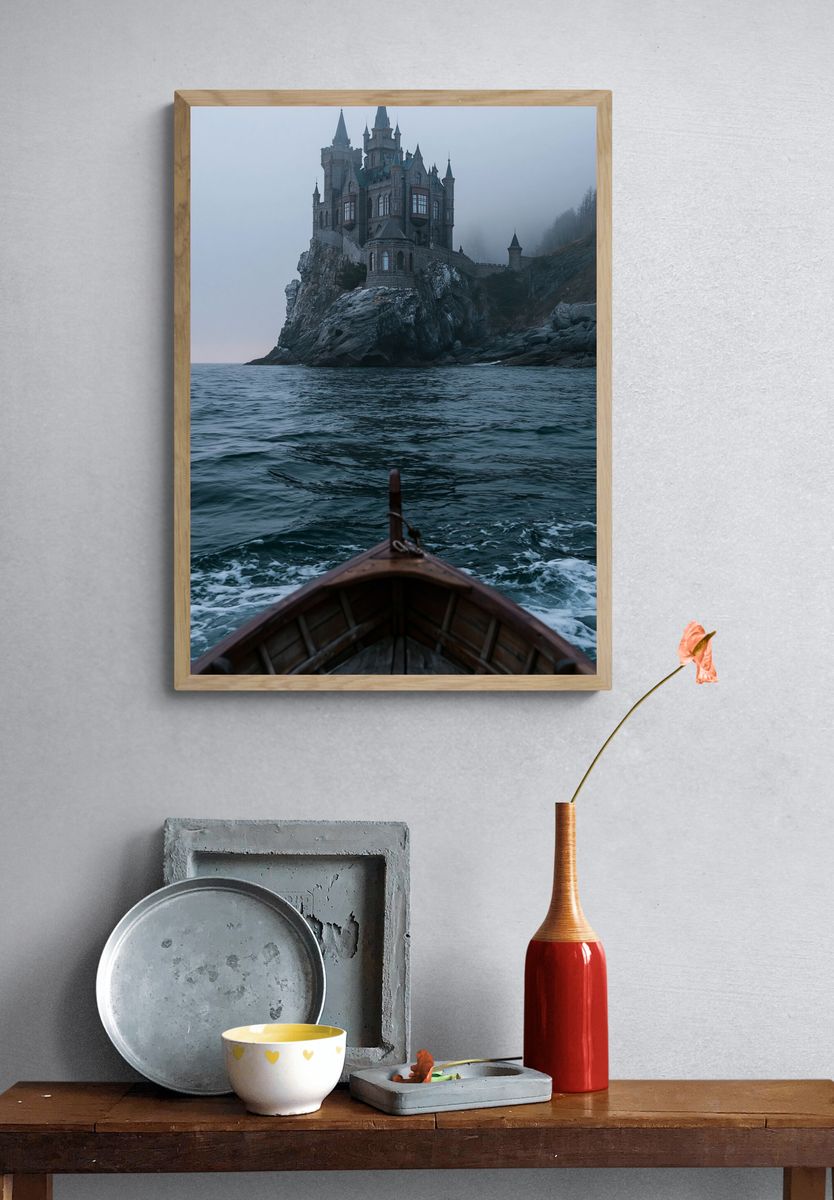 Foggy Castle Seascape Photography Poster. — room view 3