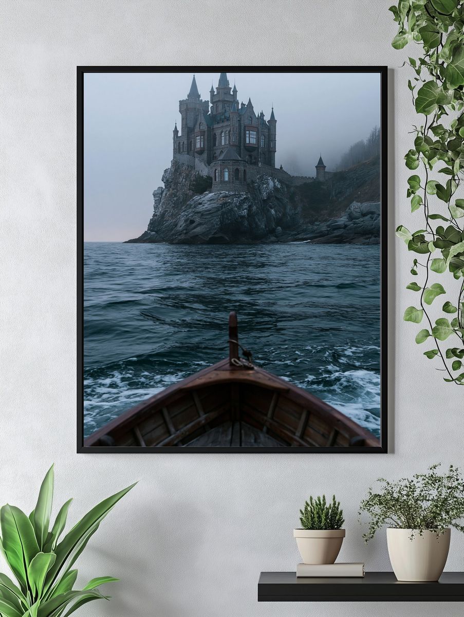 Foggy Castle Seascape Photography Poster. — room view 4
