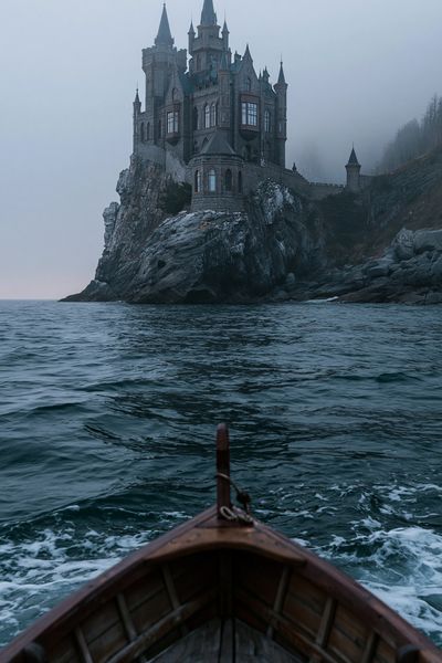 Foggy Castle Seascape Photography Poster.