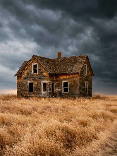 Abandoned House in Stormy Field Poster.
