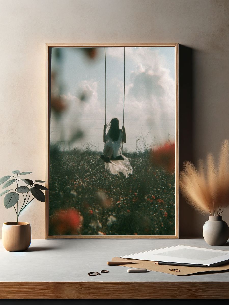 Girl on Swing Field Photography Poster. — room view 2