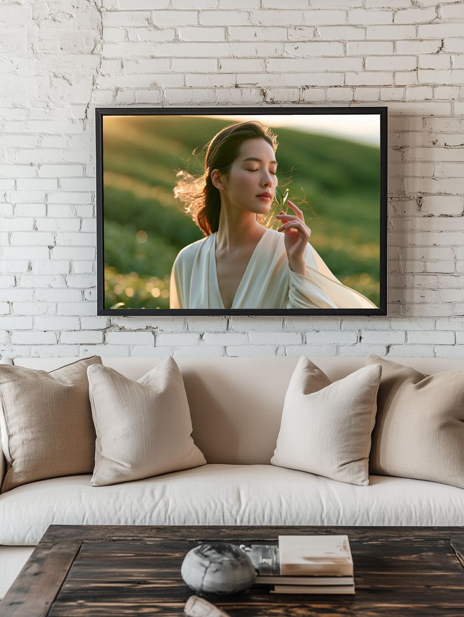 Serene Woman in Sunlit Meadow Poster. — room view 1