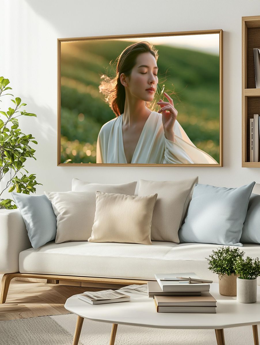 Serene Woman in Sunlit Meadow Poster. — room view 2