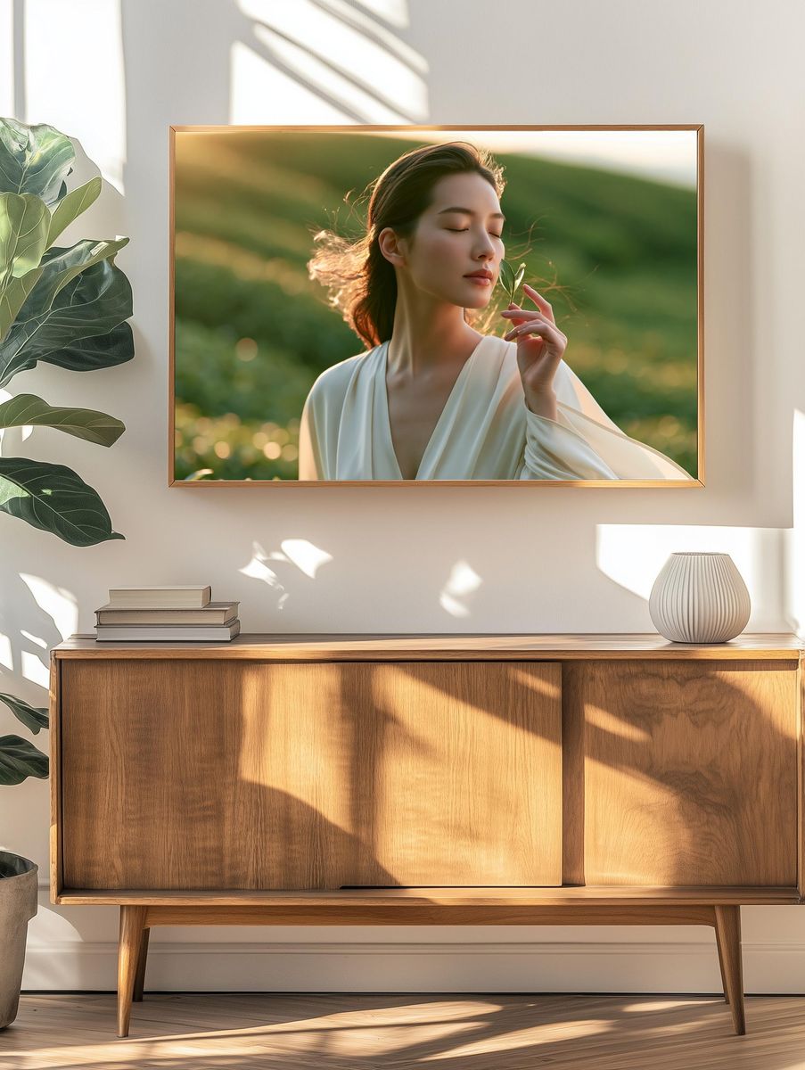 Serene Woman in Sunlit Meadow Poster. — room view 3