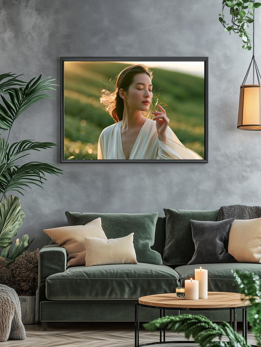 Serene Woman in Sunlit Meadow Poster. — room view 4