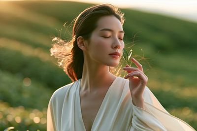 Serene Woman in Sunlit Meadow Poster.