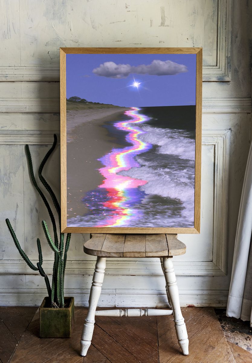 Glitchy Rainbow Shoreline Photography Poster. room preview