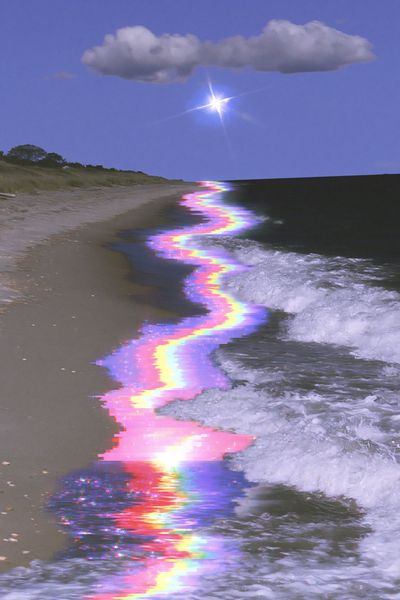 Glitchy Rainbow Shoreline Photography Poster.
