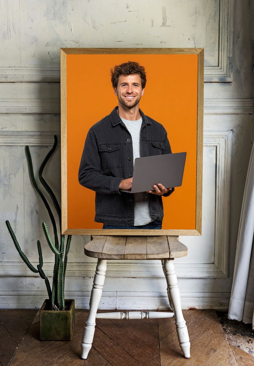 Smiling Man with Laptop Photography Poster. — room view 1