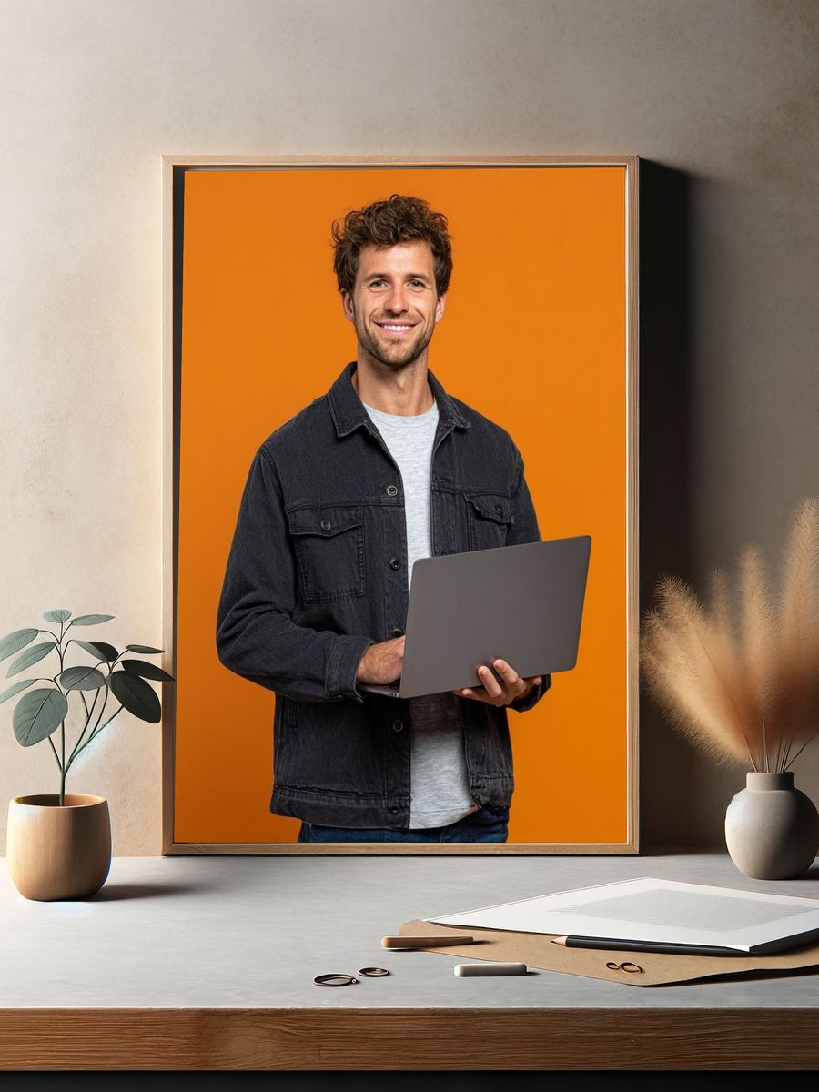 Smiling Man with Laptop Photography Poster. — room view 2