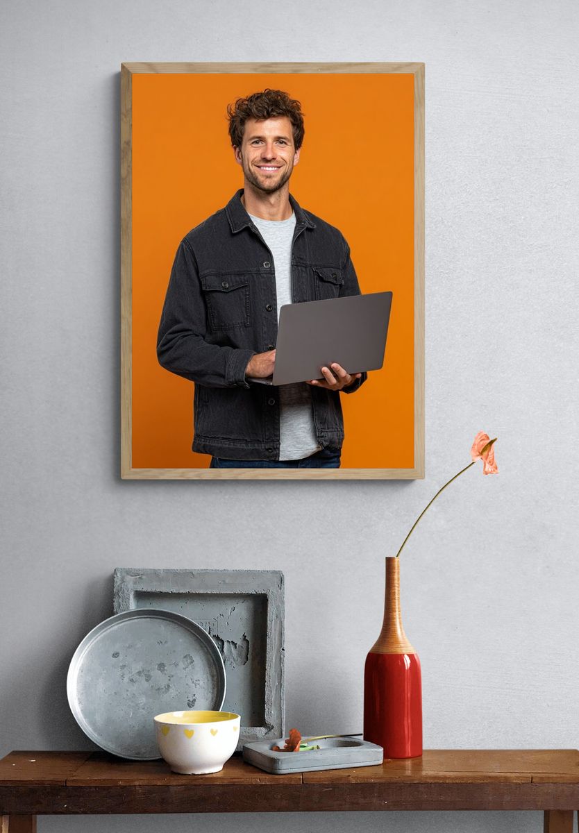 Smiling Man with Laptop Photography Poster. — room view 3