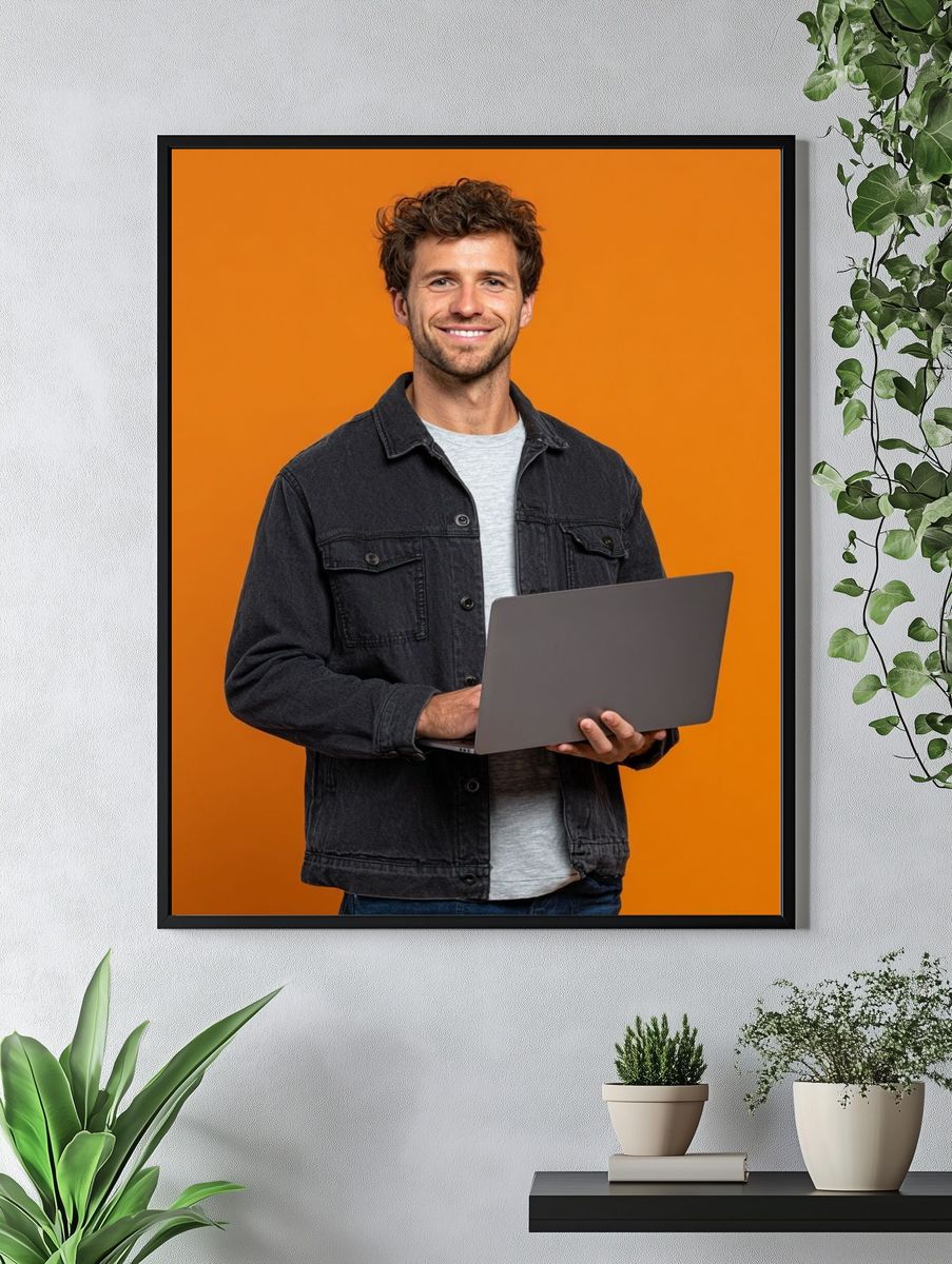Smiling Man with Laptop Photography Poster. — room view 4
