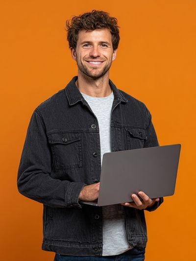 Smiling Man with Laptop Photography Poster. poster print