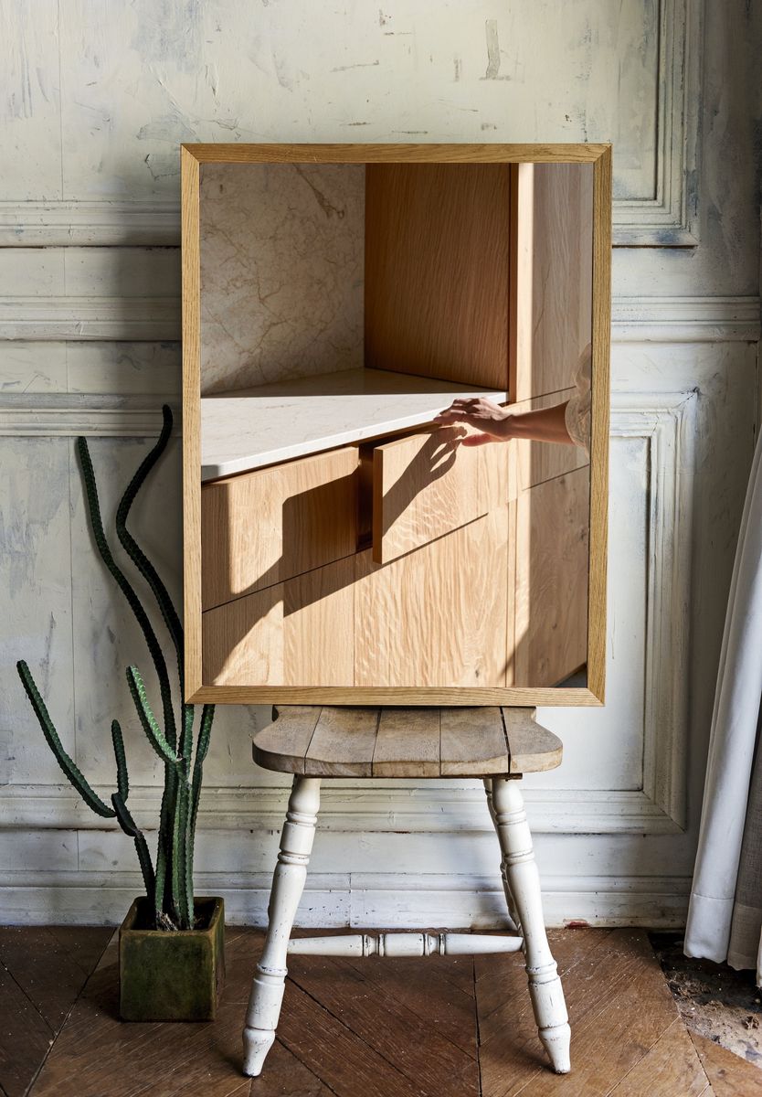 Sunlit Oak Cabinet Interior Photography Poster. — room view 1