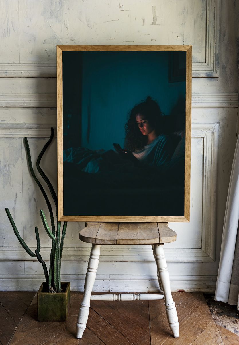 Woman Using Phone at Night — Photography Print. — room view 1