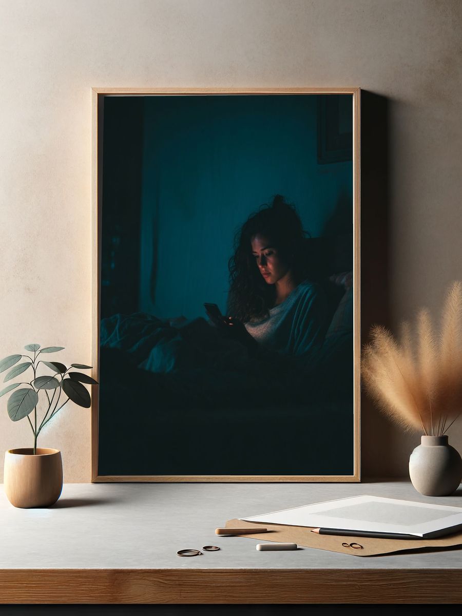 Woman Using Phone at Night — Photography Print. — room view 2