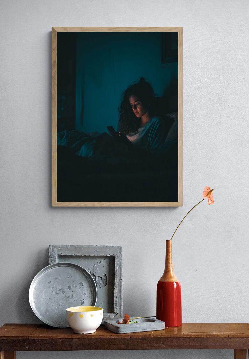 Woman Using Phone at Night — Photography Print. — room view 3