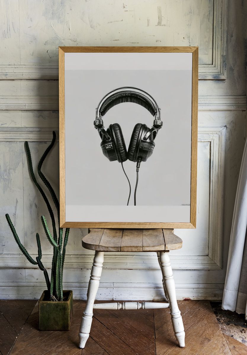 Headphones Black-White Poster. room preview
