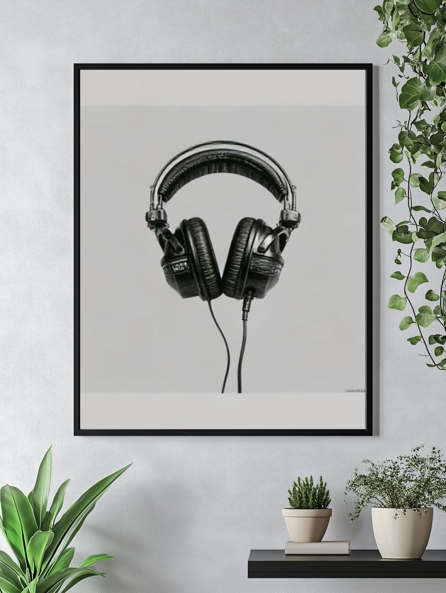 Headphones Black-White Poster. — room view 4