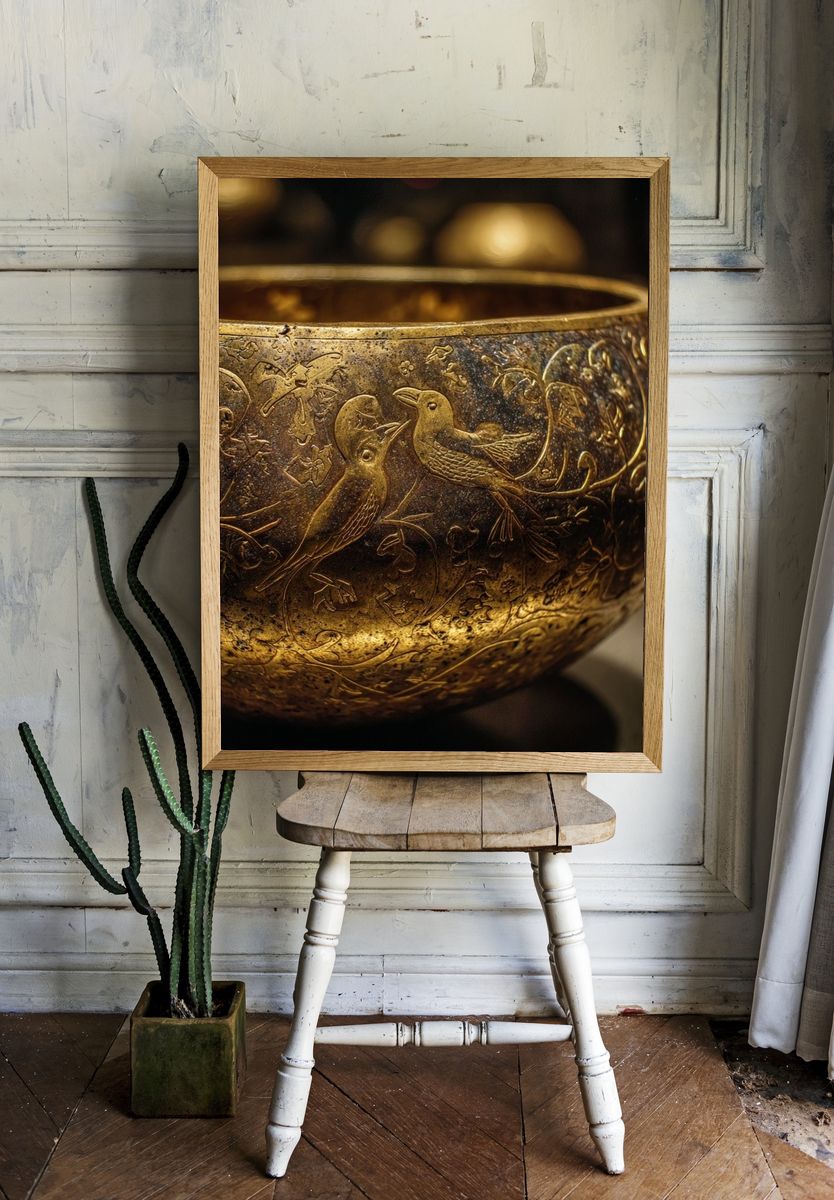 Golden Bird Engraving Photography Poster. — room view 1