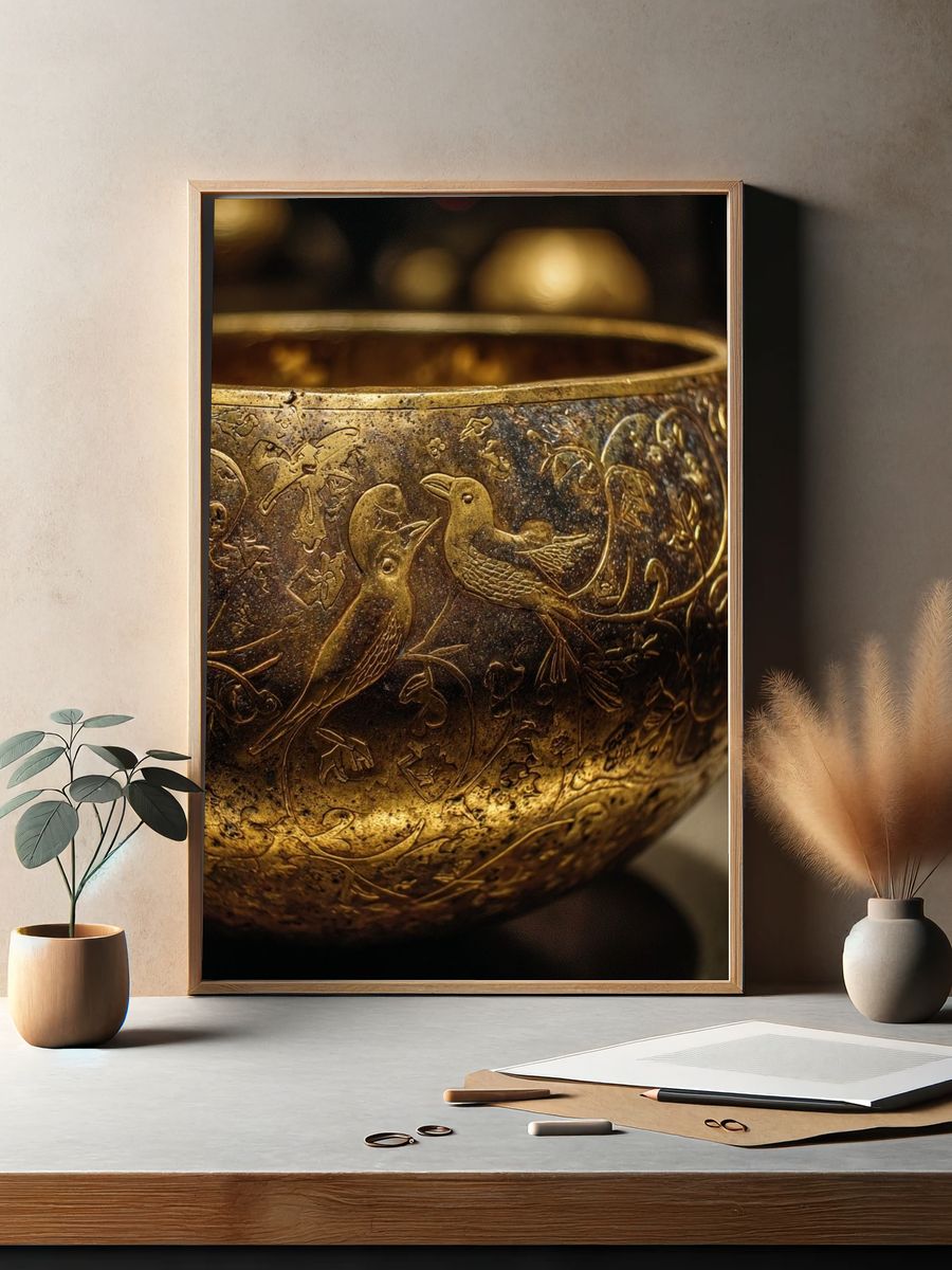 Golden Bird Engraving Photography Poster. — room view 2