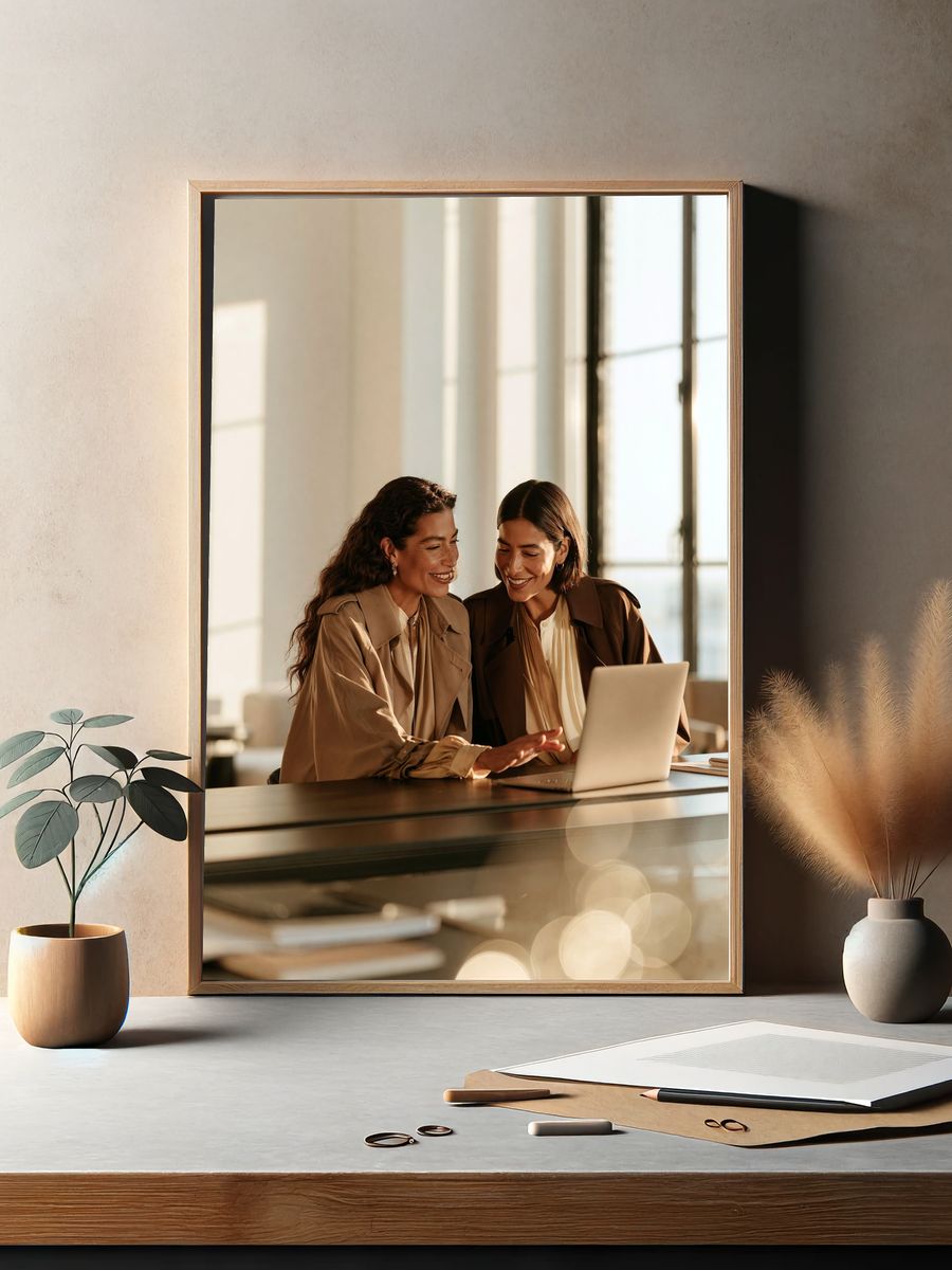 Sunlit Women at Laptop Photography Poster. — room view 2