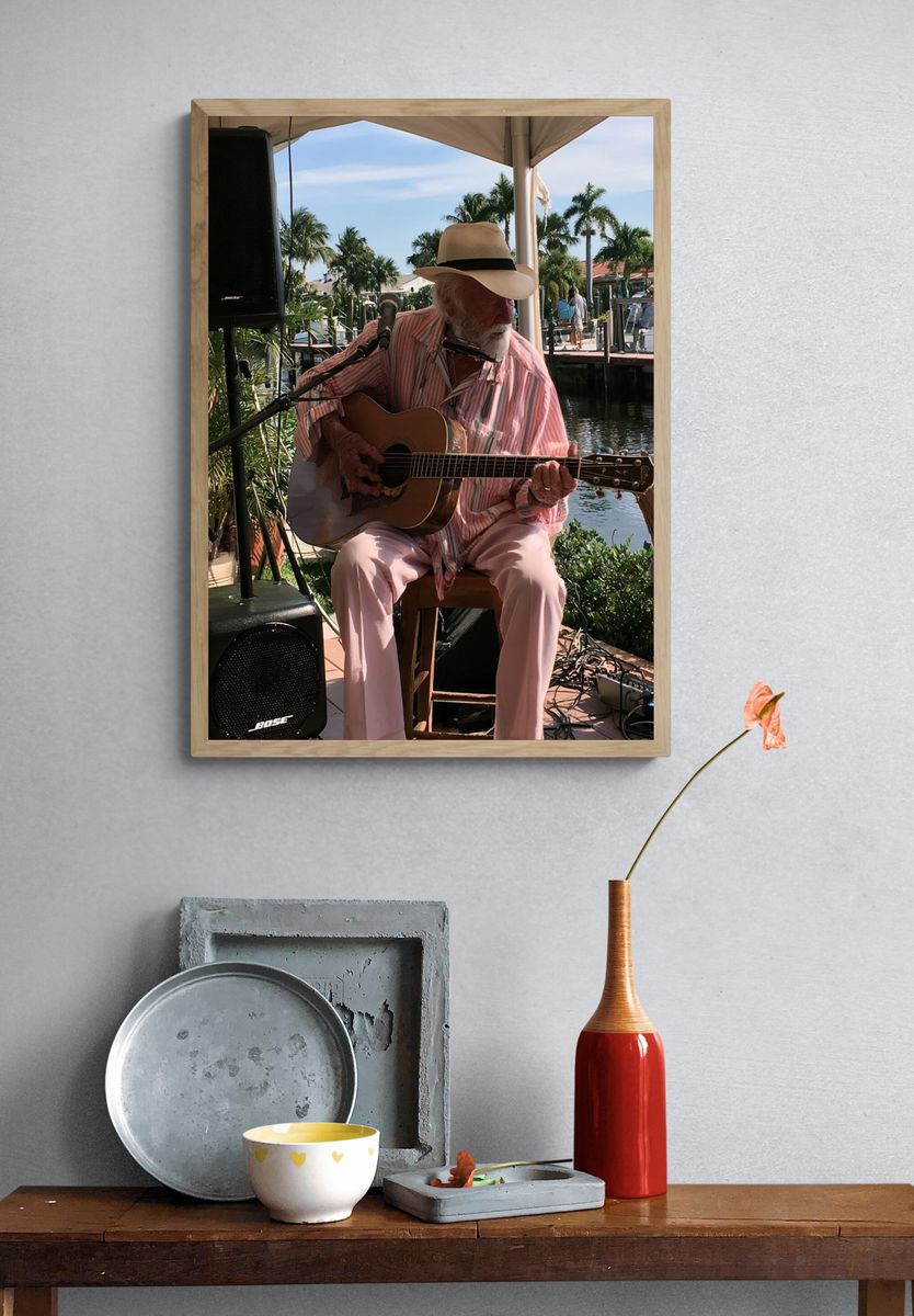 Harbor Guitarist Photography Poster. — room view 3