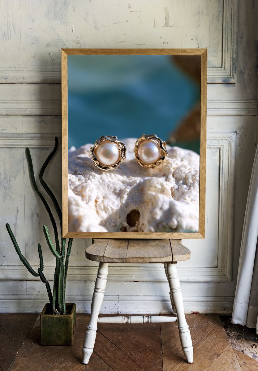 Pearl Stud Earrings Photography Print. — room view 1