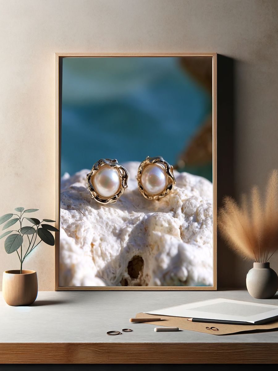 Pearl Stud Earrings Photography Print. — room view 2