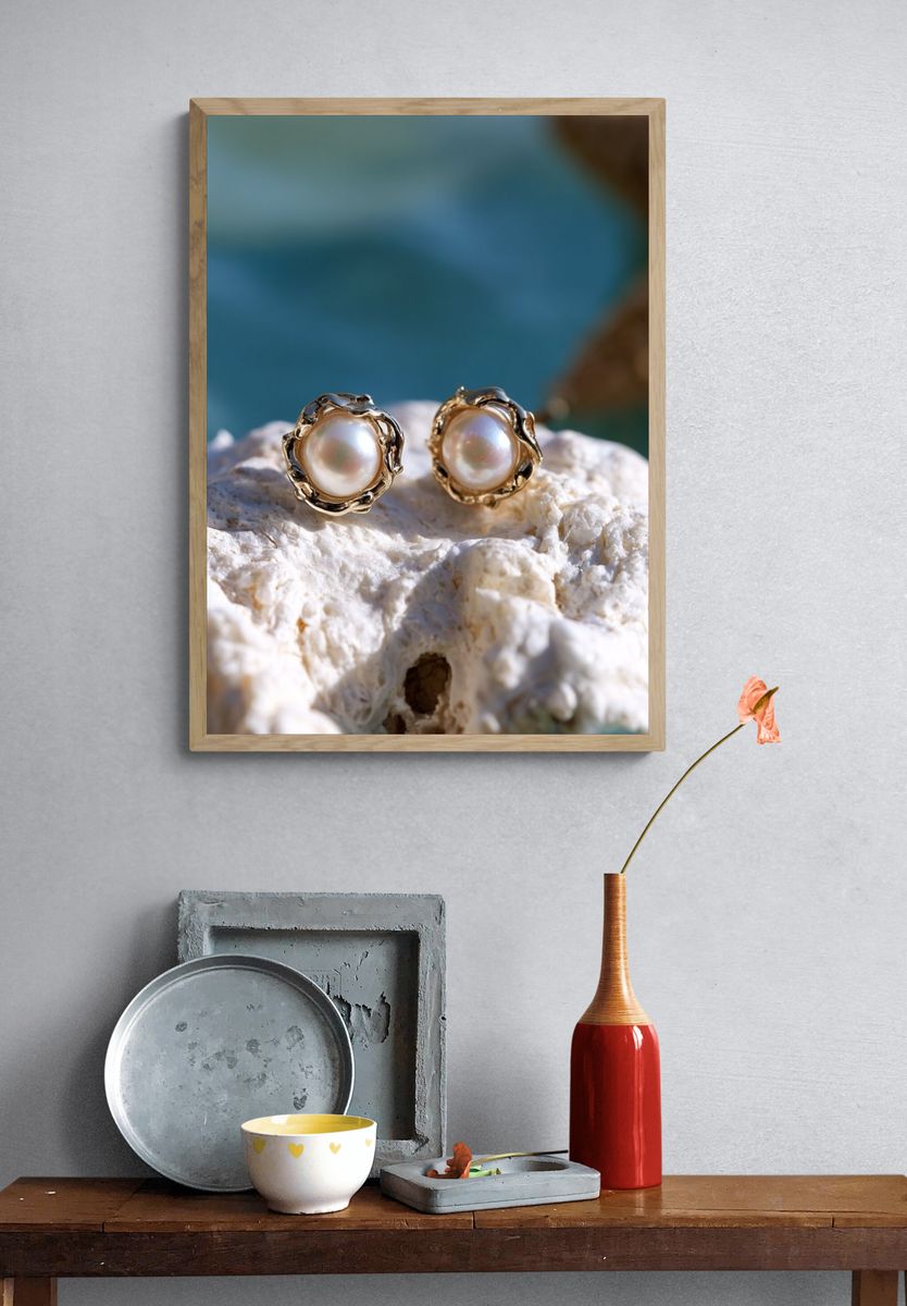 Pearl Stud Earrings Photography Print. — room view 3
