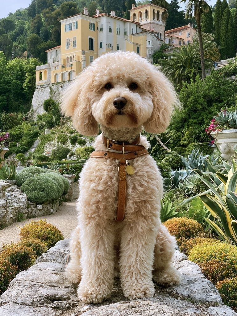 Poodle in Italian Garden Photography Poster. poster detail