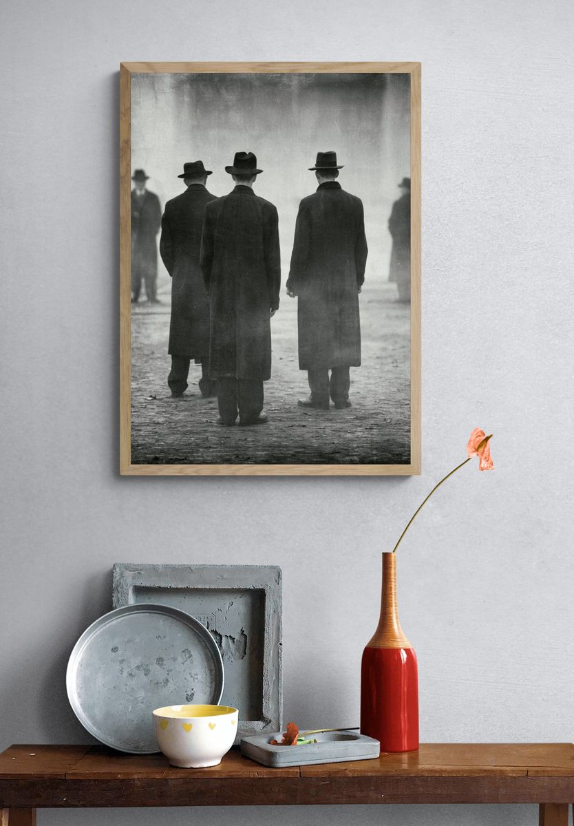 Foggy Men in Hats Photography Poster. — room view 3