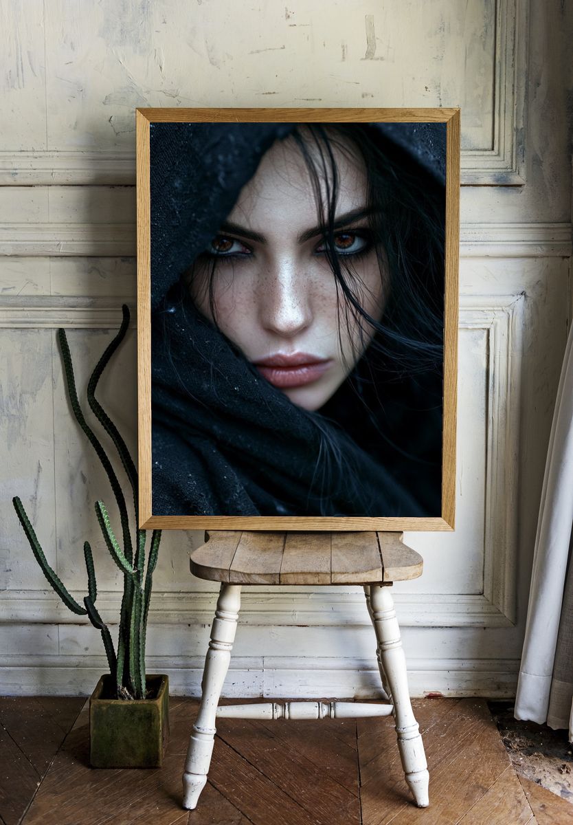Mysterious Hooded Portrait Print. room preview