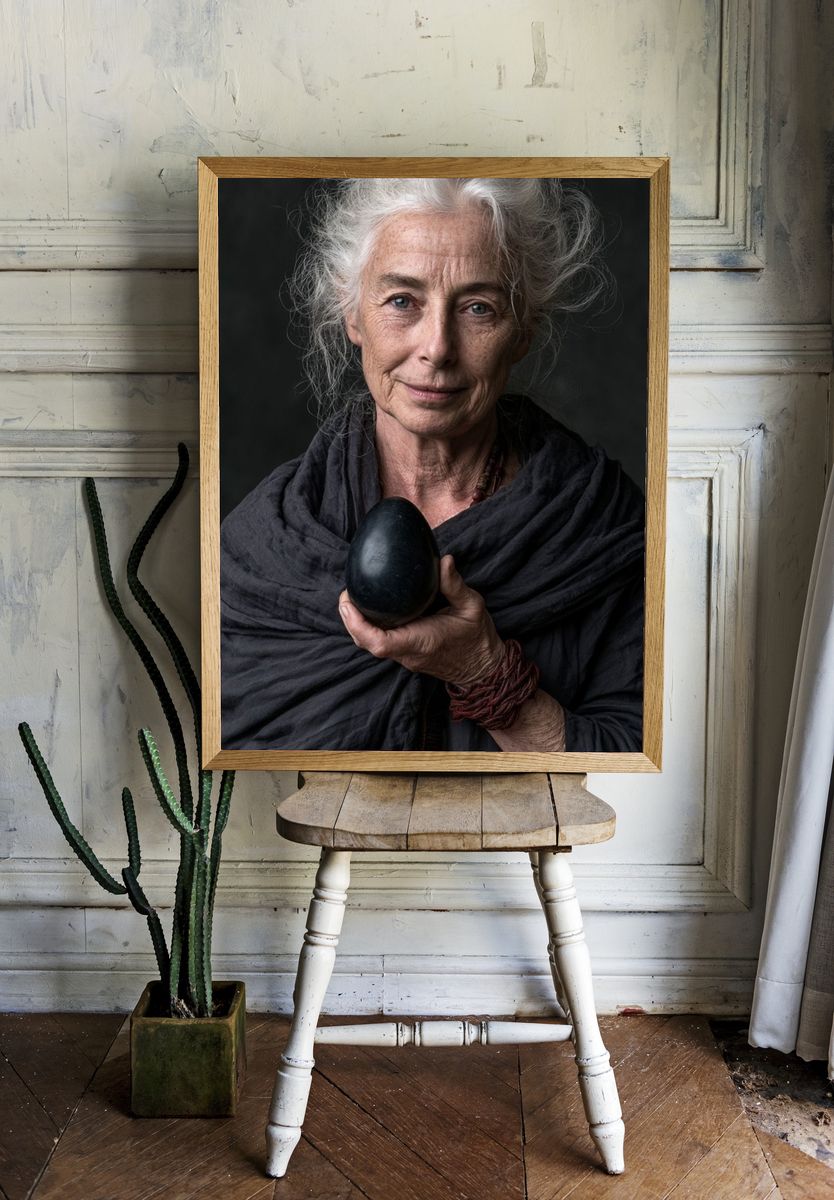 Elderly Woman with Black Egg Portrait Poster. — room view 1