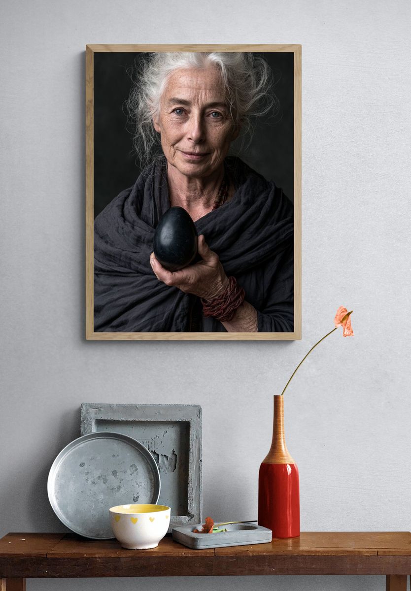 Elderly Woman with Black Egg Portrait Poster. — room view 3