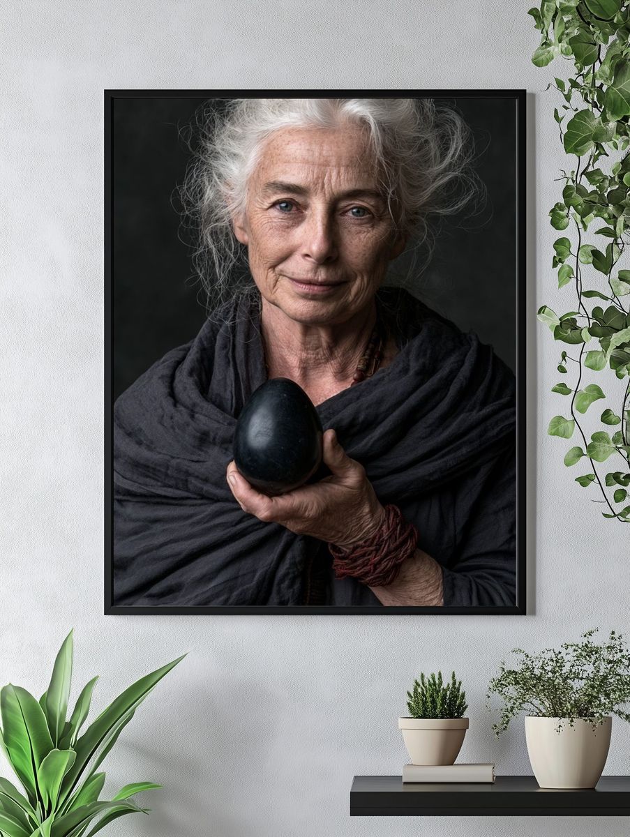 Elderly Woman with Black Egg Portrait Poster. — room view 4