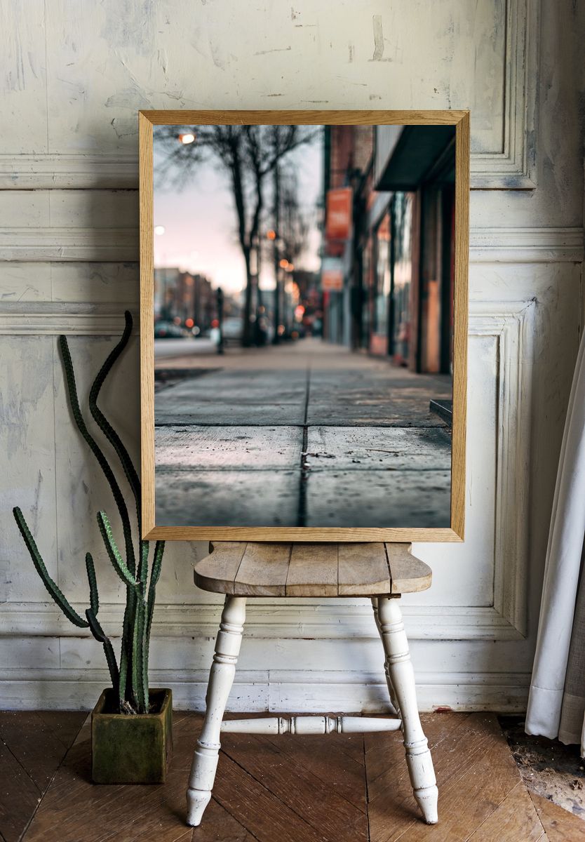 Urban Sidewalk at Dusk Photography Poster. — room view 1