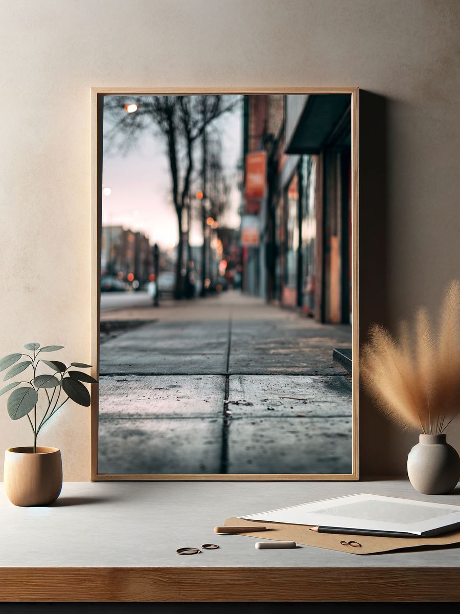Urban Sidewalk at Dusk Photography Poster. — room view 2