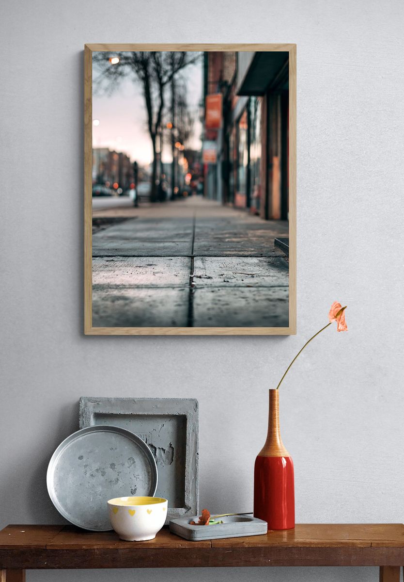 Urban Sidewalk at Dusk Photography Poster. — room view 3