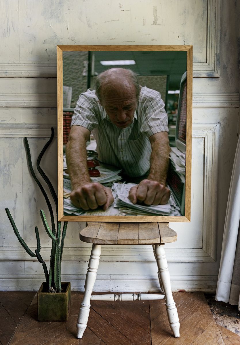 Tense Man at Counter Photography Poster. — room view 1