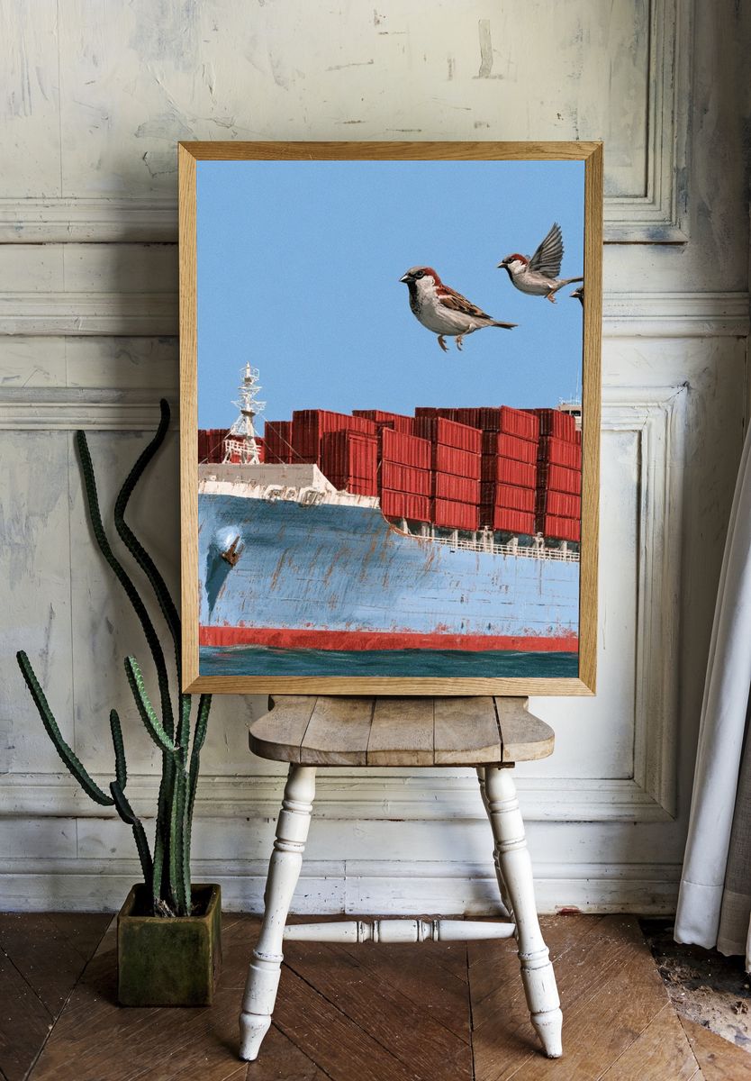 Cargo Ship and Sparrows Photography Poster. room preview