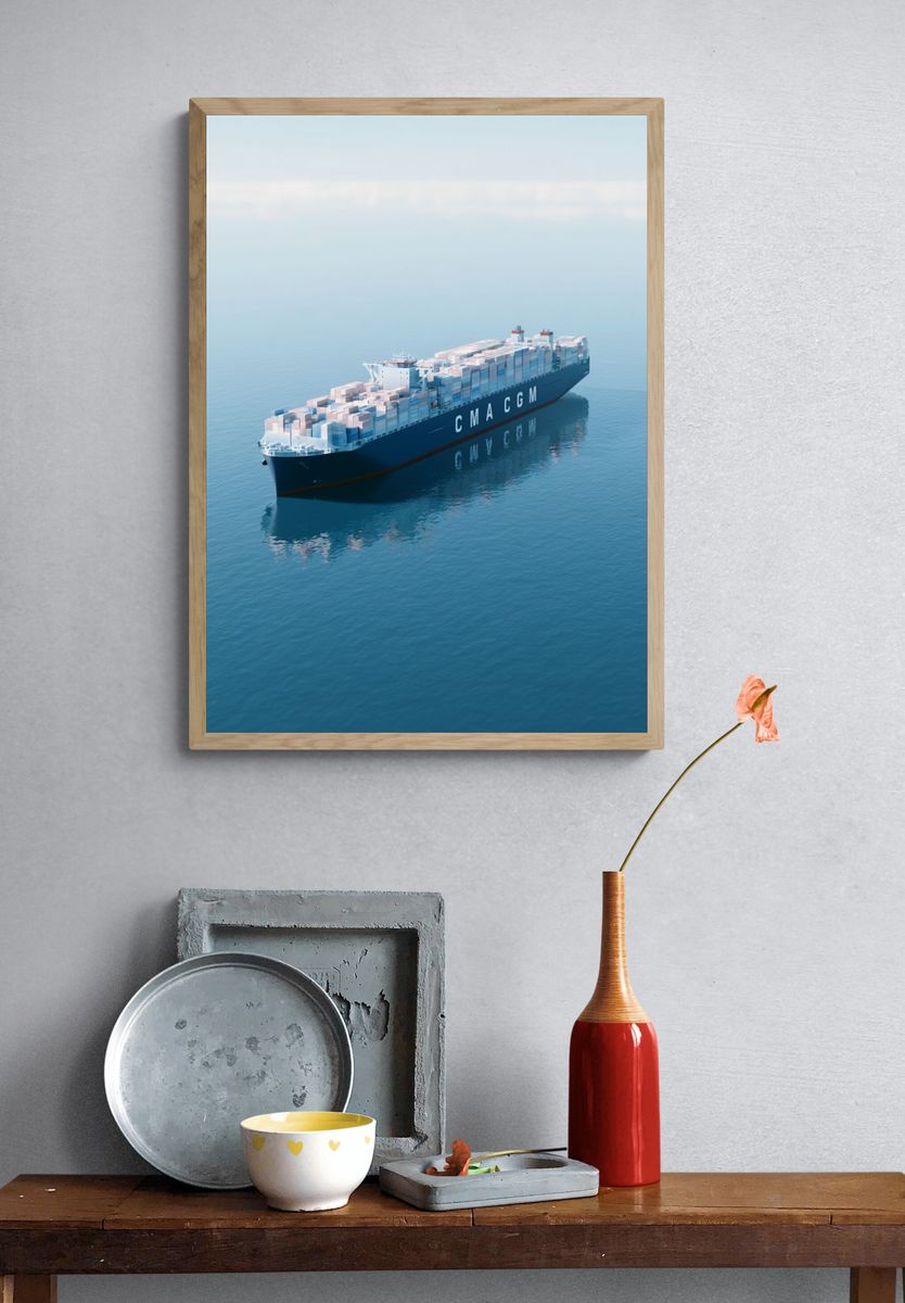 Container Ship at Sea Photography Poster. — room view 3