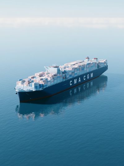 Container Ship at Sea Photography Poster.