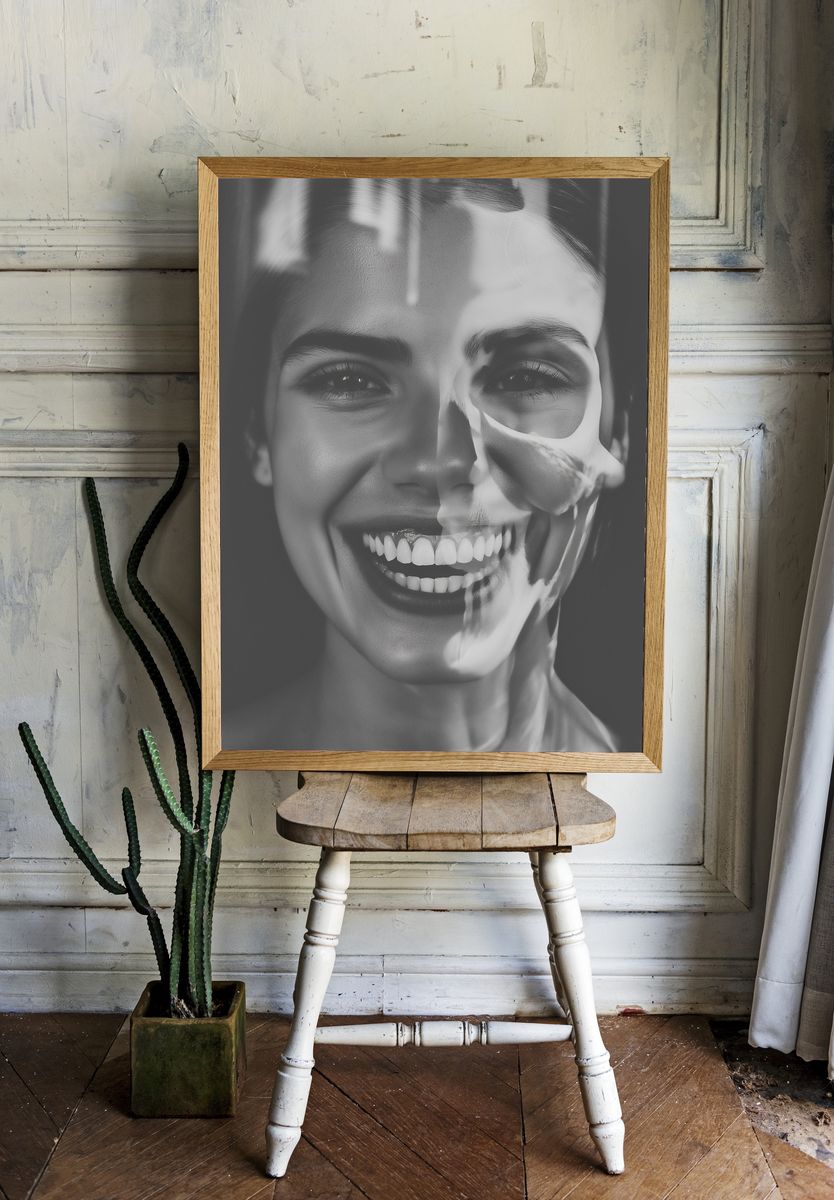 Smiling Woman Black-White Portrait Poster. room preview