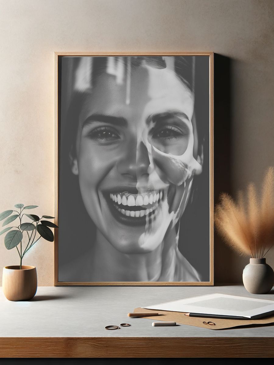 Smiling Woman Black-White Portrait Poster. — room view 2